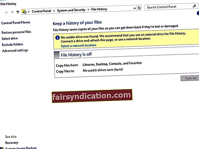 Activeu l'historial de fitxers per fer una còpia de seguretat dels fitxers.