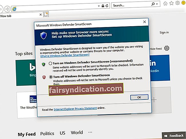 SmartScreen var konfigurēt arī pārlūkprogrammai Microsoft Explorer