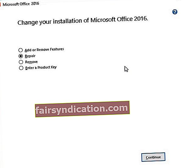 Lai novērstu Excel problēmas, mainiet Microsoft Office instalāciju.