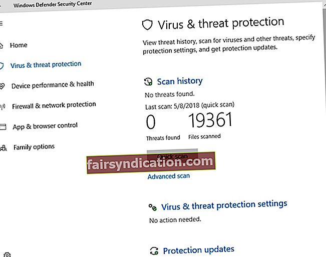 Windows Defender analitzarà el vostre PC per detectar virus i programes maliciosos, que poden resoldre els problemes bdredline.exe